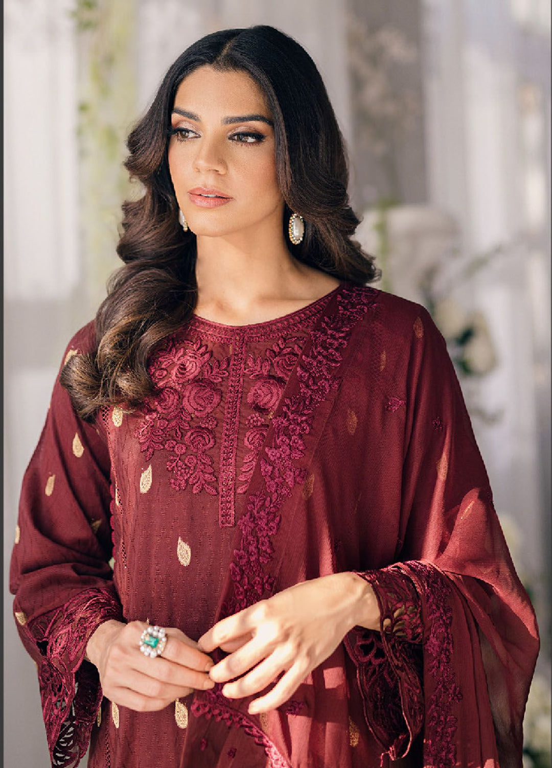 Ensembles by Azure Jacquard Lawn Suits Unstitched 3 Piece AZ24EJ IWES059 Imperial Wine - Festive Collection