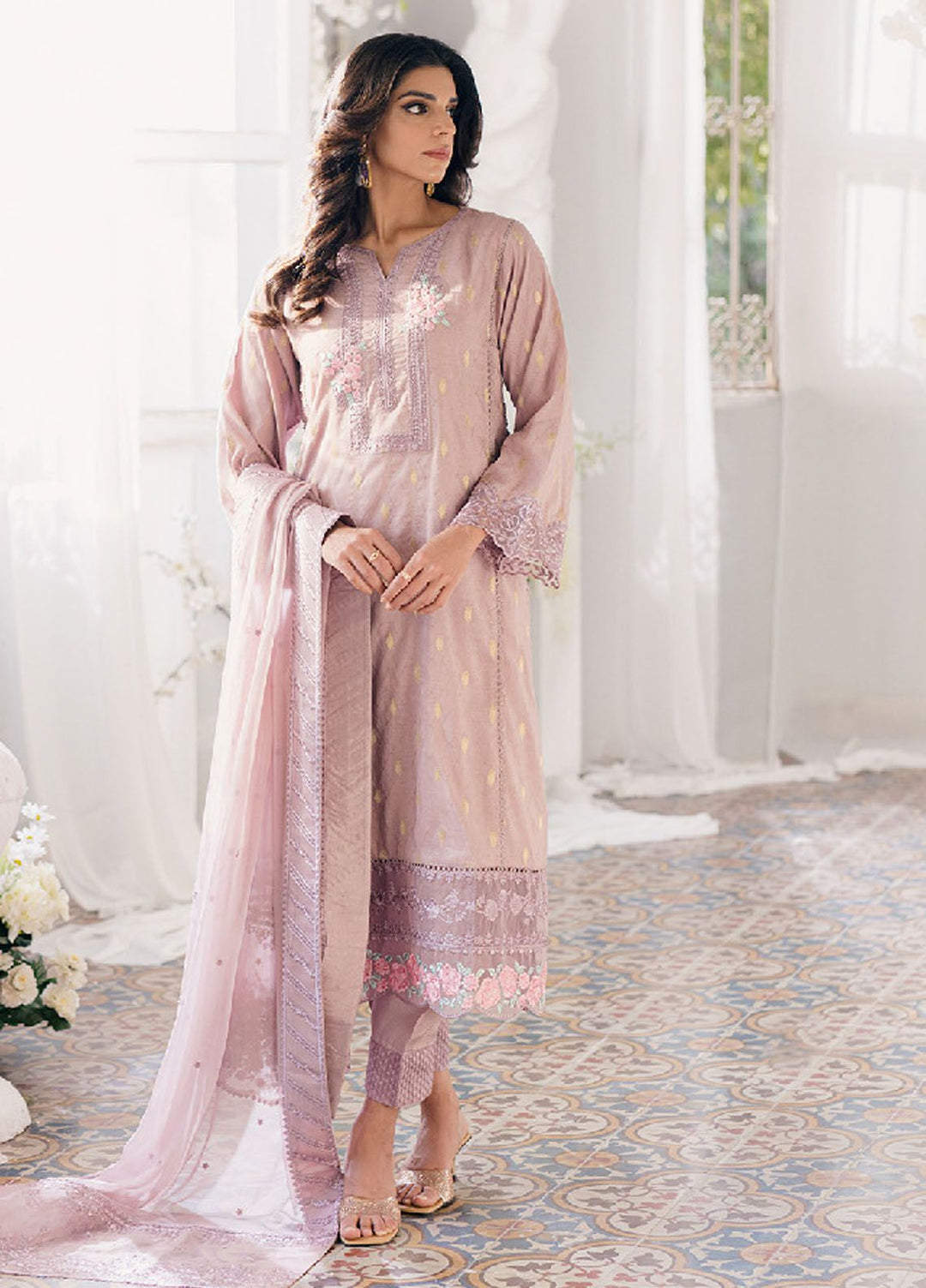 Ensembles by Azure Jacquard Lawn Suits Unstitched 3 Piece AZ24EJ VMES060 Vintage Mauve - Festive Collection