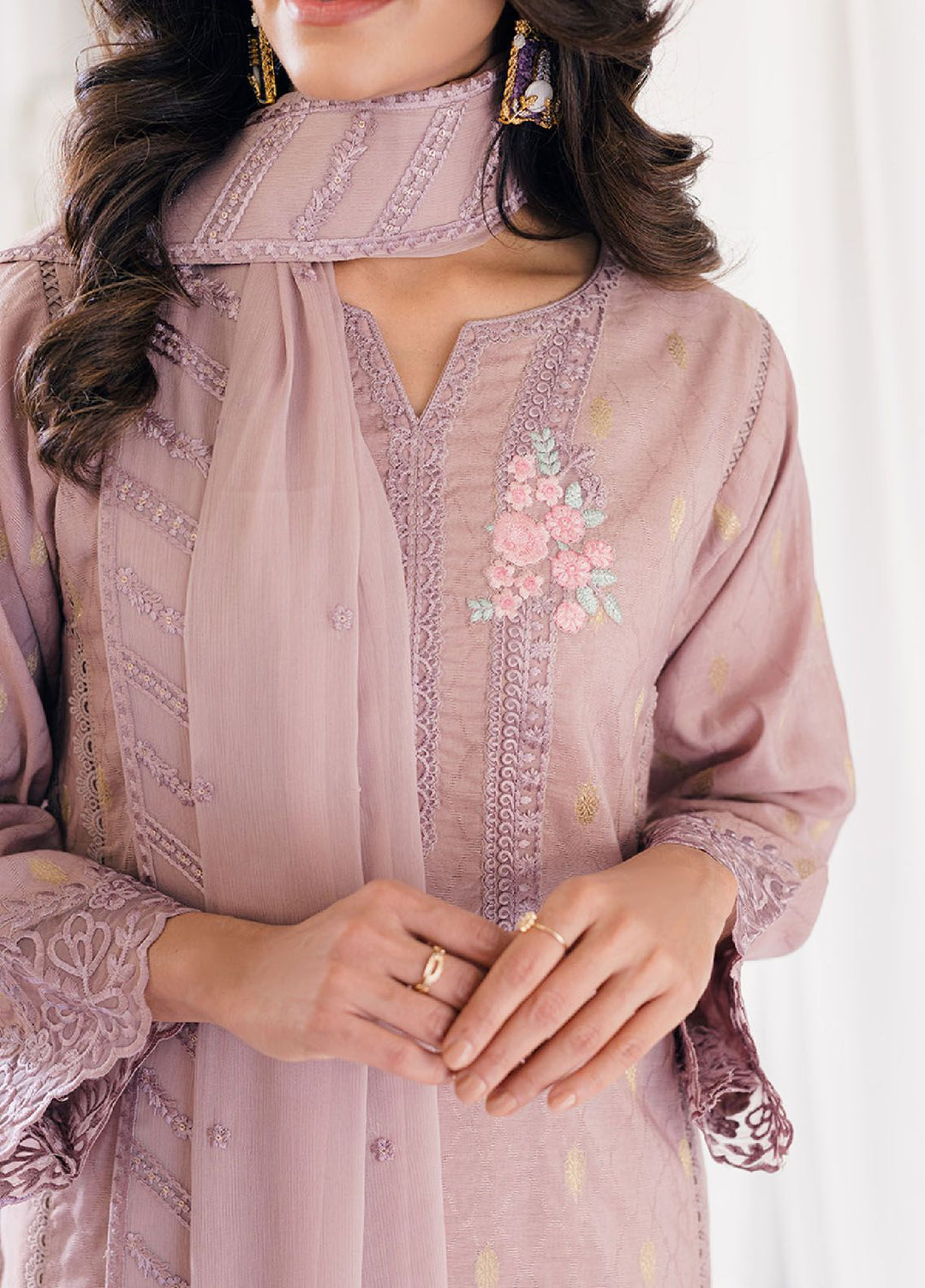 Ensembles by Azure Jacquard Lawn Suits Unstitched 3 Piece AZ24EJ VMES060 Vintage Mauve - Festive Collection