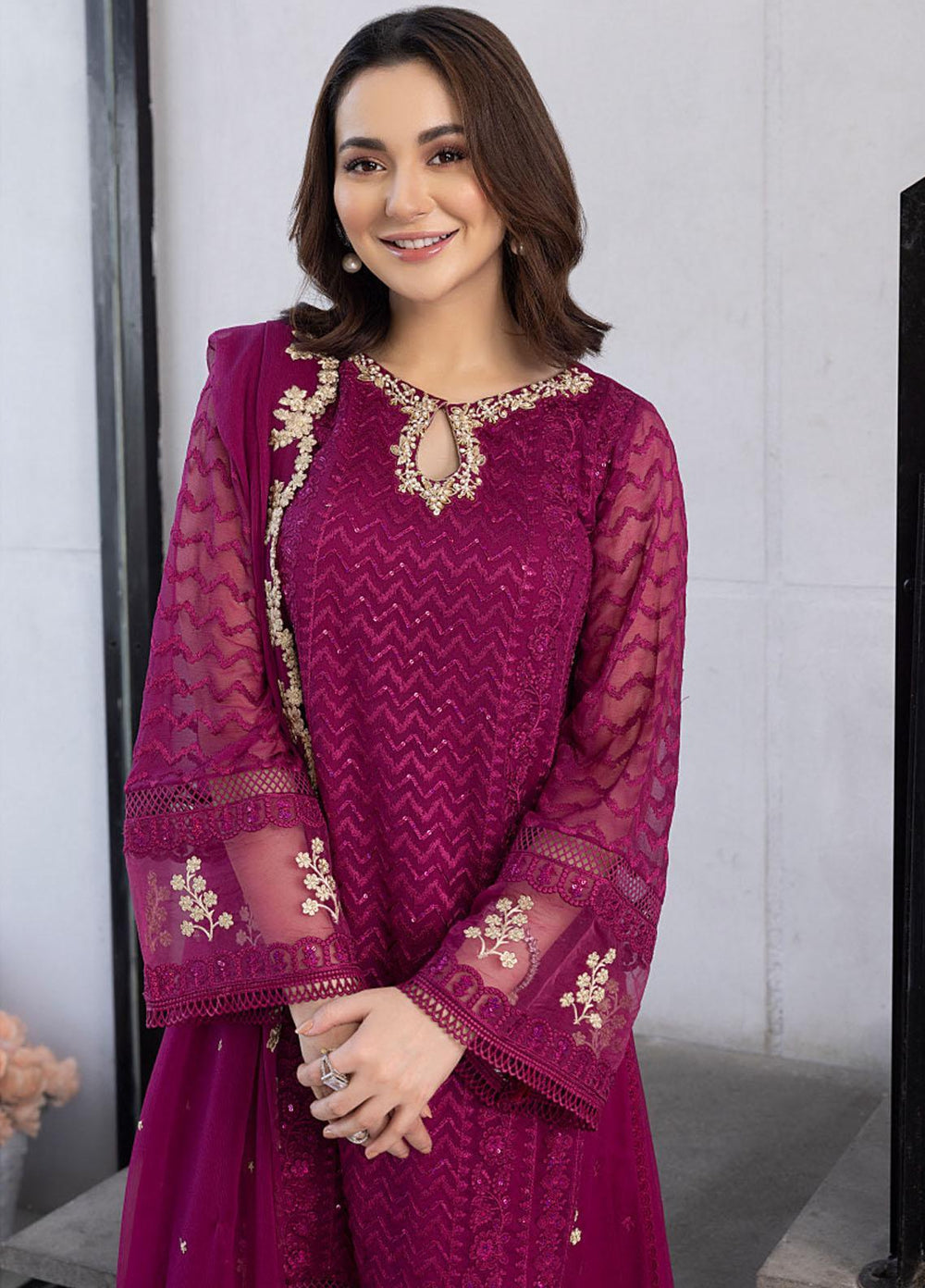 Ensembles By Azure Embroidered Chiffon Suits Unstitched 4 Piece AZU23ES3P ES-025 Orchid Flame - Festive Collection