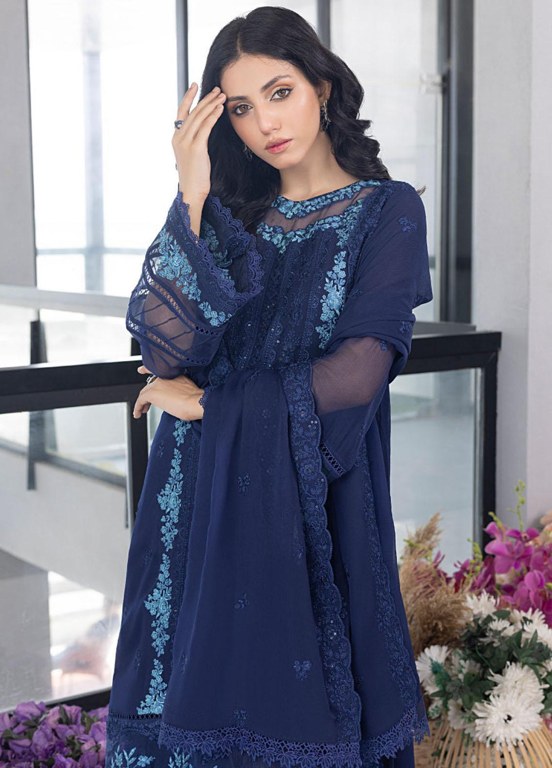 Ensembles By Azure Embroidered Chiffon Suits Unstitched 4 Piece AZU23ES3P ES-030 Frisky Waves - Festive Collection