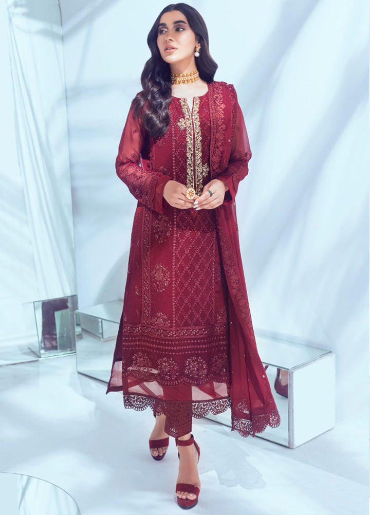 Ensembles by Azure Embroidered Chiffon Suits Unstitched 3 Piece AZU22EC ES-006 Crimson Rose - Luxury Collection