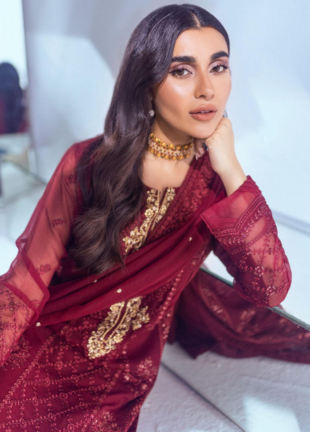 Ensembles by Azure Embroidered Chiffon Suits Unstitched 3 Piece AZU22EC ES-006 Crimson Rose - Luxury Collection