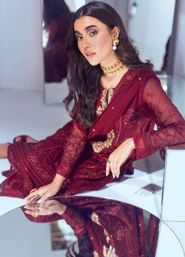 Ensembles by Azure Embroidered Chiffon Suits Unstitched 3 Piece AZU22EC ES-006 Crimson Rose - Luxury Collection