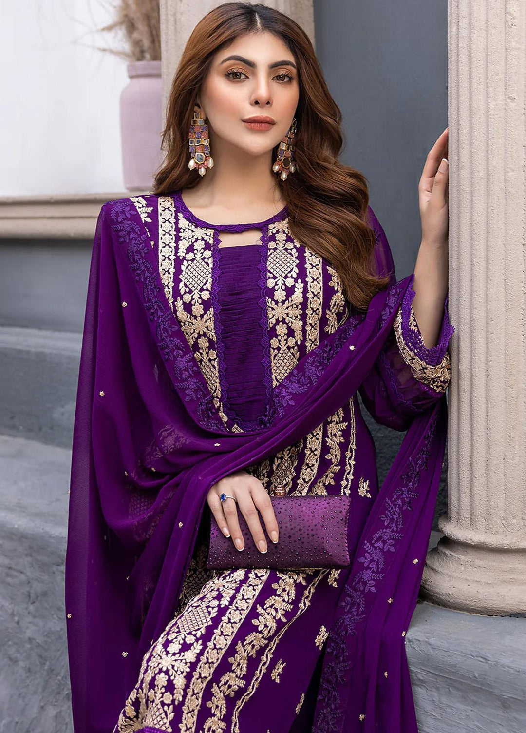 Ensembles By Azure Embroidered Chiffon Suits Unstitched 3 Piece AZU23EC Daisy Bling - Festive Collection