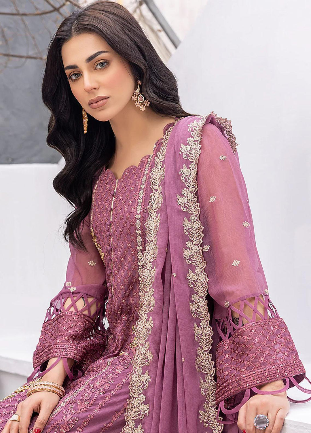 Ensembles By Azure Embroidered Chiffon Suits Unstitched 3 Piece AZU23EC Blushing Bezel - Festive Collection