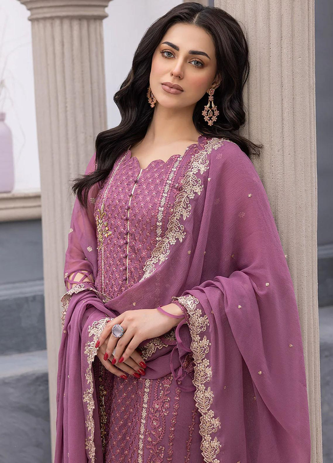 Ensembles By Azure Embroidered Chiffon Suits Unstitched 3 Piece AZU23EC Blushing Bezel - Festive Collection