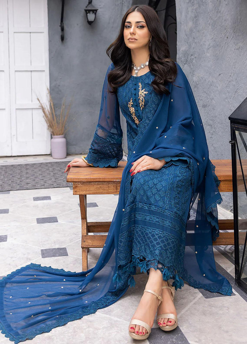 Ensembles By Azure Embroidered Chiffon Suits Unstitched 3 Piece AZU23EC Exotic Sky - Festive Collection