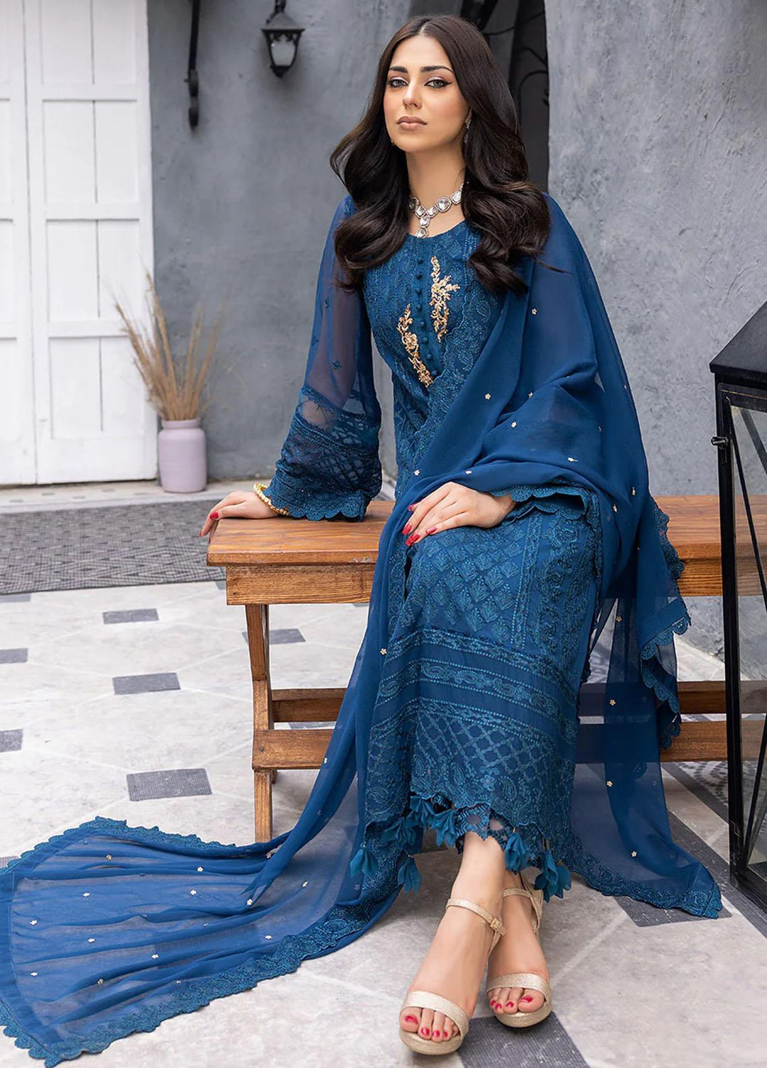 Ensembles By Azure Embroidered Chiffon Suits Unstitched 3 Piece AZU23EC Exotic Sky - Festive Collection