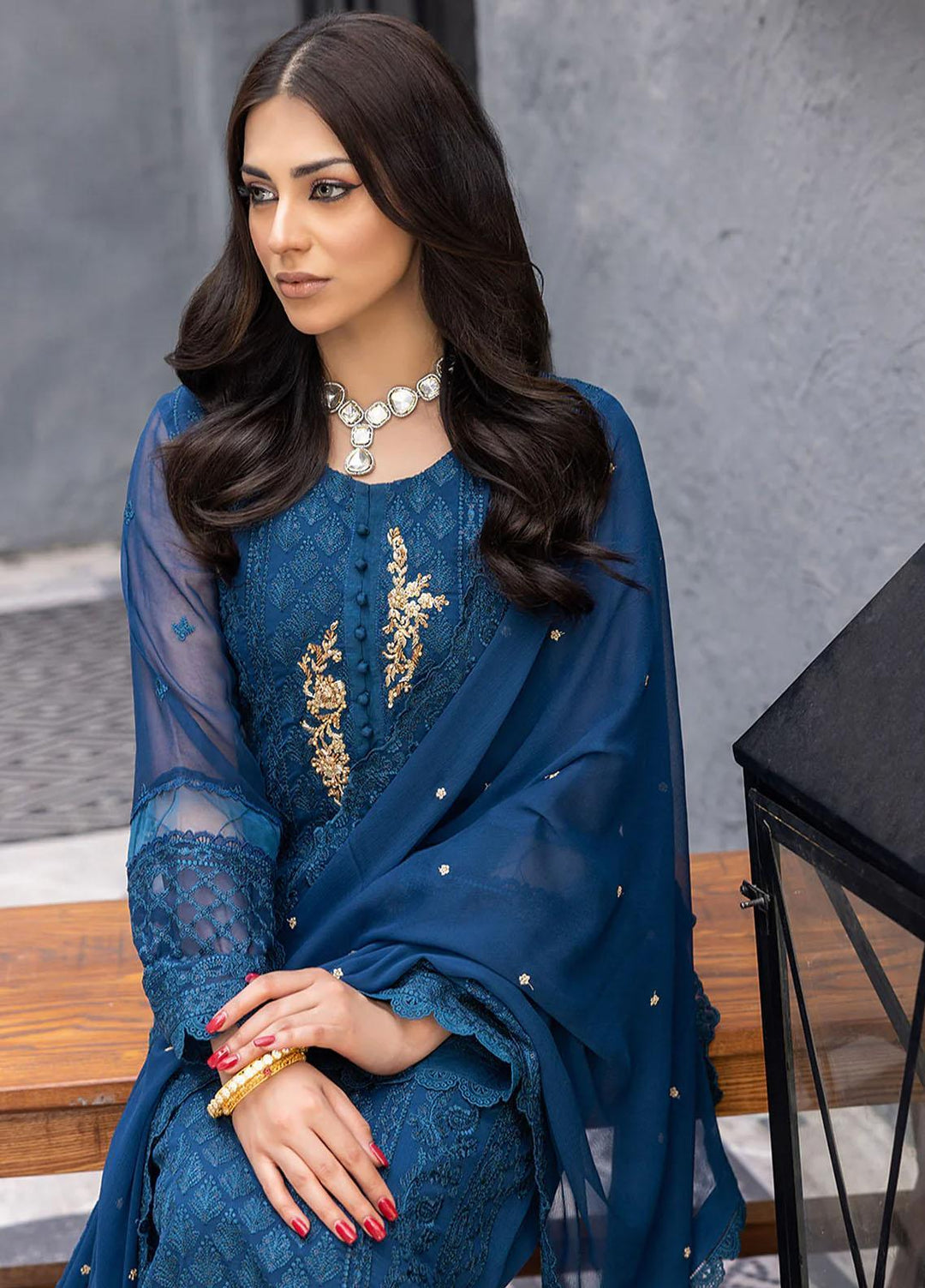 Ensembles By Azure Embroidered Chiffon Suits Unstitched 3 Piece AZU23EC Exotic Sky - Festive Collection