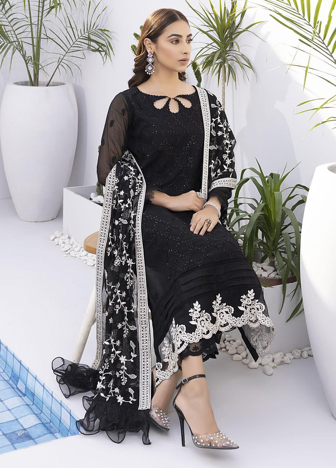 Ensembles by Azure Embroidered Chiffon Suits Unstitched 4 Piece AZU22EC-V2 ES-010 Dark Moon - Luxury Collection