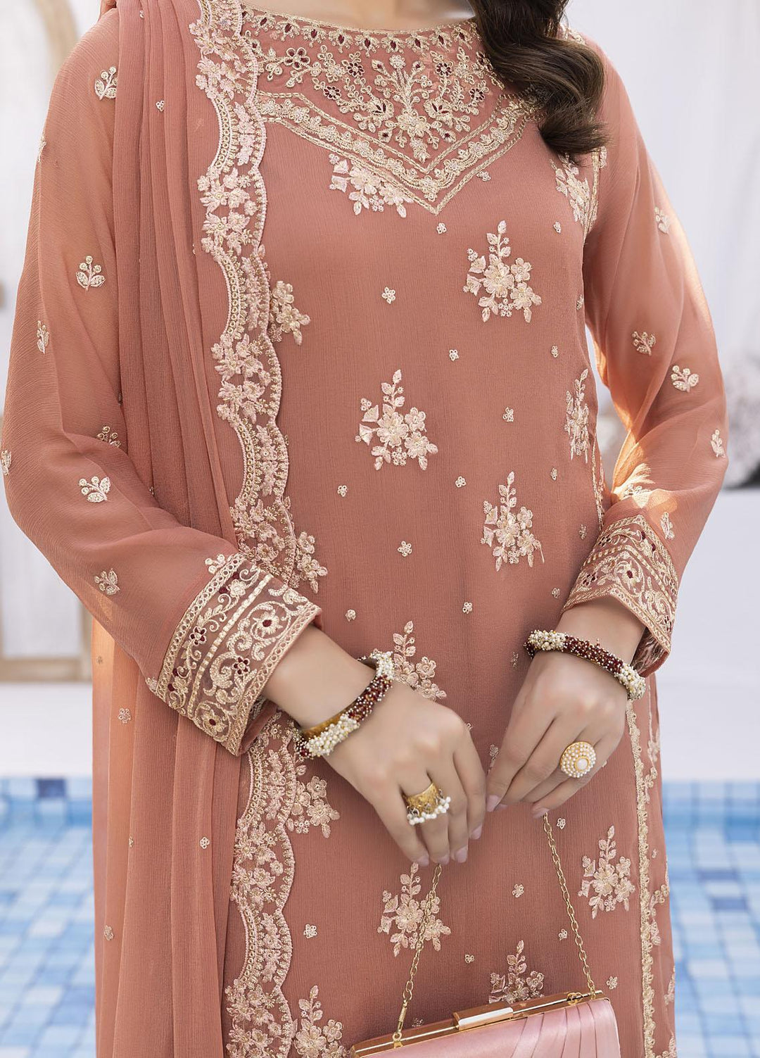 Ensembles by Azure Embroidered Chiffon Suits Unstitched 4 Piece AZU22EC-V2 ES-012 Tangerine - Luxury Collection