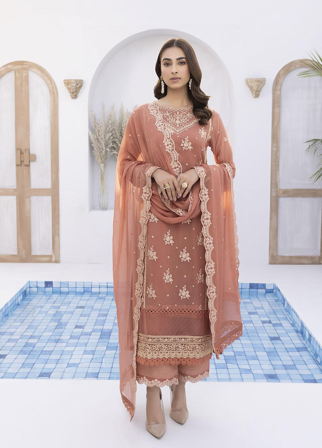 Ensembles by Azure Embroidered Chiffon Suits Unstitched 4 Piece AZU22EC-V2 ES-012 Tangerine - Luxury Collection