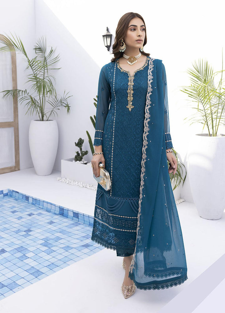 Ensembles by Azure Embroidered Chiffon Suits Unstitched 4 Piece AZU22EC-V2 ES-014 Radiant Sea - Luxury Collection