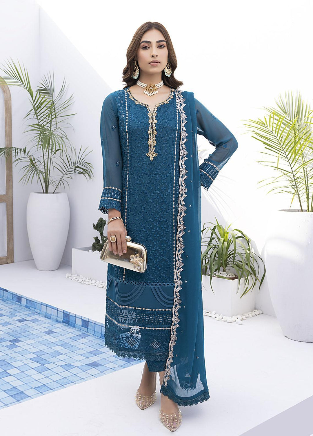Ensembles by Azure Embroidered Chiffon Suits Unstitched 4 Piece AZU22EC-V2 ES-014 Radiant Sea - Luxury Collection