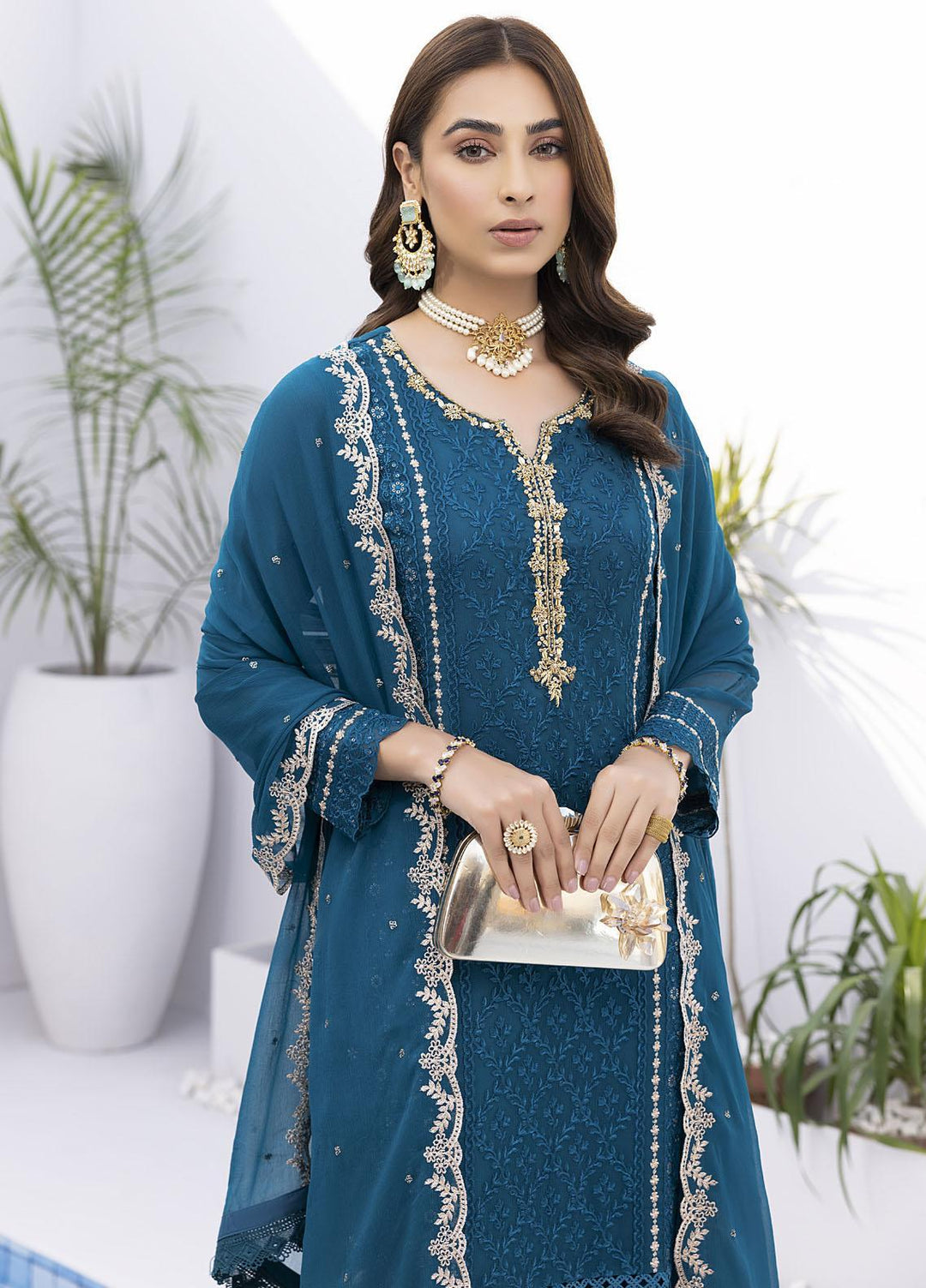 Ensembles by Azure Embroidered Chiffon Suits Unstitched 4 Piece AZU22EC-V2 ES-014 Radiant Sea - Luxury Collection