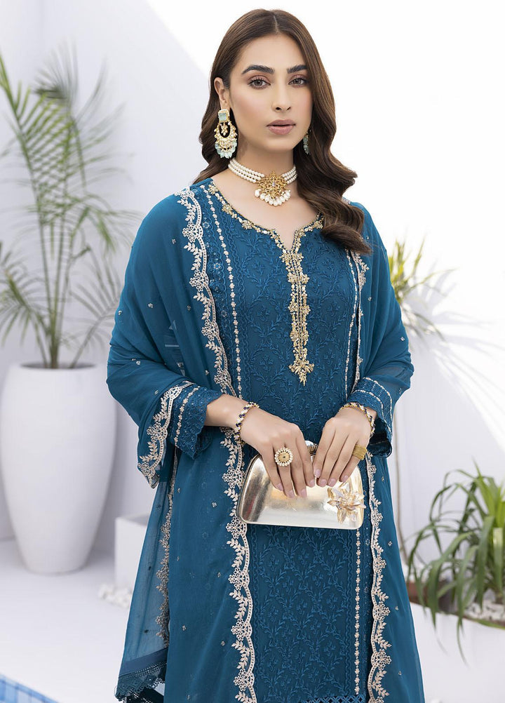 Ensembles by Azure Embroidered Chiffon Suits Unstitched 4 Piece AZU22EC-V2 ES-014 Radiant Sea - Luxury Collection