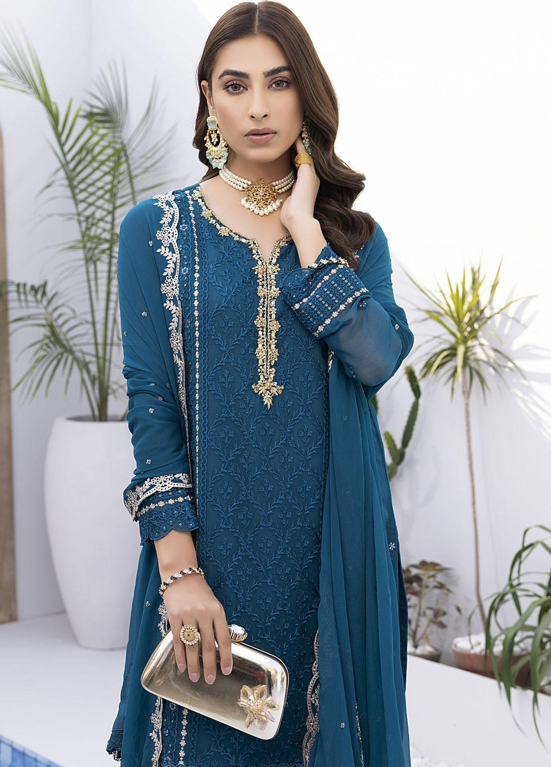 Ensembles by Azure Embroidered Chiffon Suits Unstitched 4 Piece AZU22EC-V2 ES-014 Radiant Sea - Luxury Collection