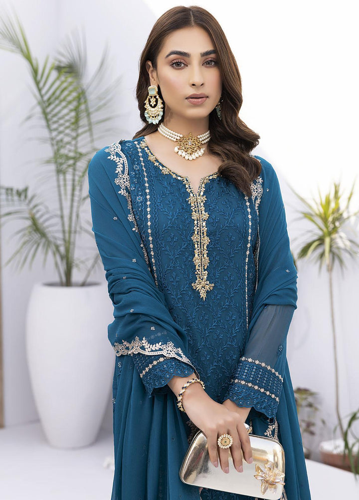 Ensembles by Azure Embroidered Chiffon Suits Unstitched 4 Piece AZU22EC-V2 ES-014 Radiant Sea - Luxury Collection