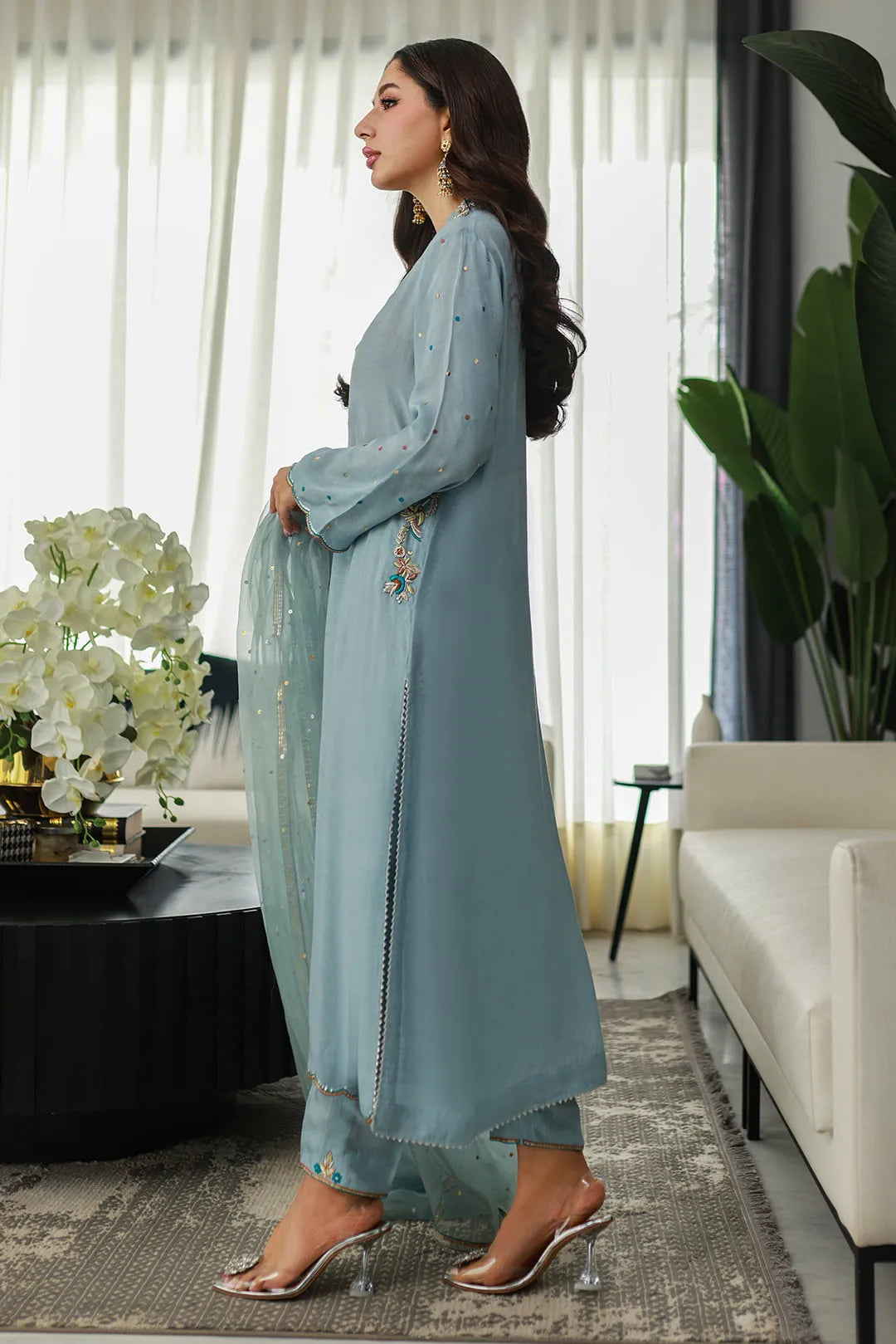 Nadia Khan Pret Embroidered Raw Silk 3 Piece Light Slate Gray