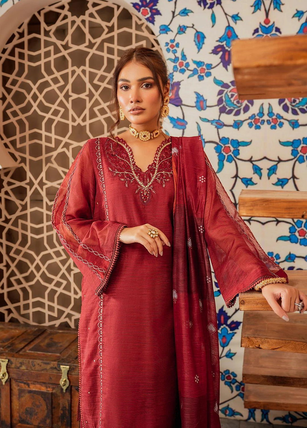 Shurooq Casual Pret Embroidered Cotton 3 Piece Suit SHQ21E ROUGE CERISE