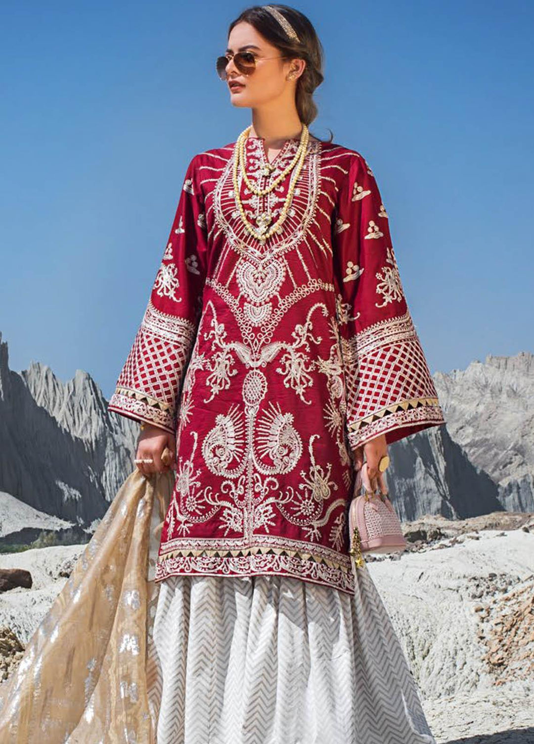 Erum Khan Embroidered Lawn Suits Unstitched 3 Piece EK21L 06 Ethnic Scarlet - Luxury Summer Collection