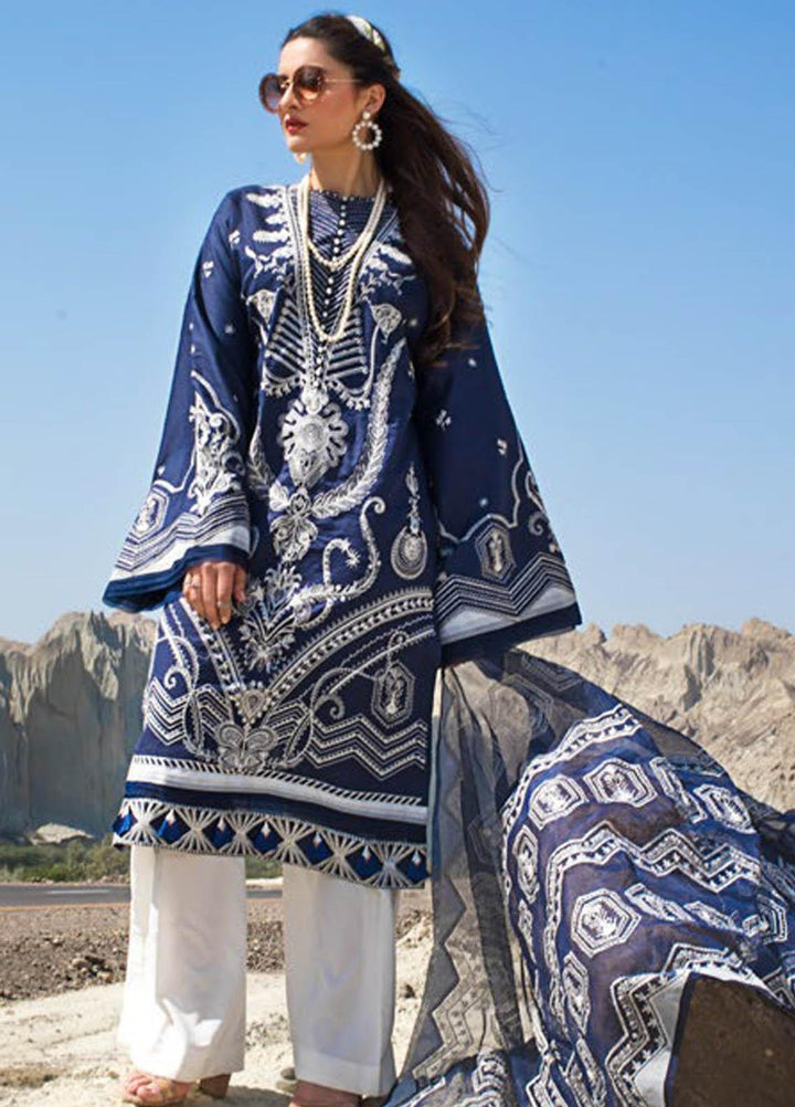 Erum Khan Embroidered Lawn Suits Unstitched 3 Piece EK21L 07 Magestic Indigo - Luxury Summer Collection