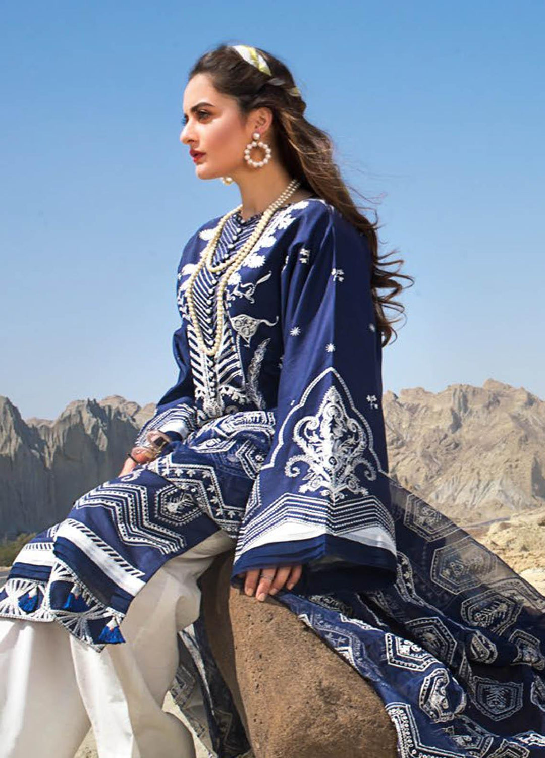 Erum Khan Embroidered Lawn Suits Unstitched 3 Piece EK21L 07 Magestic Indigo - Luxury Summer Collection