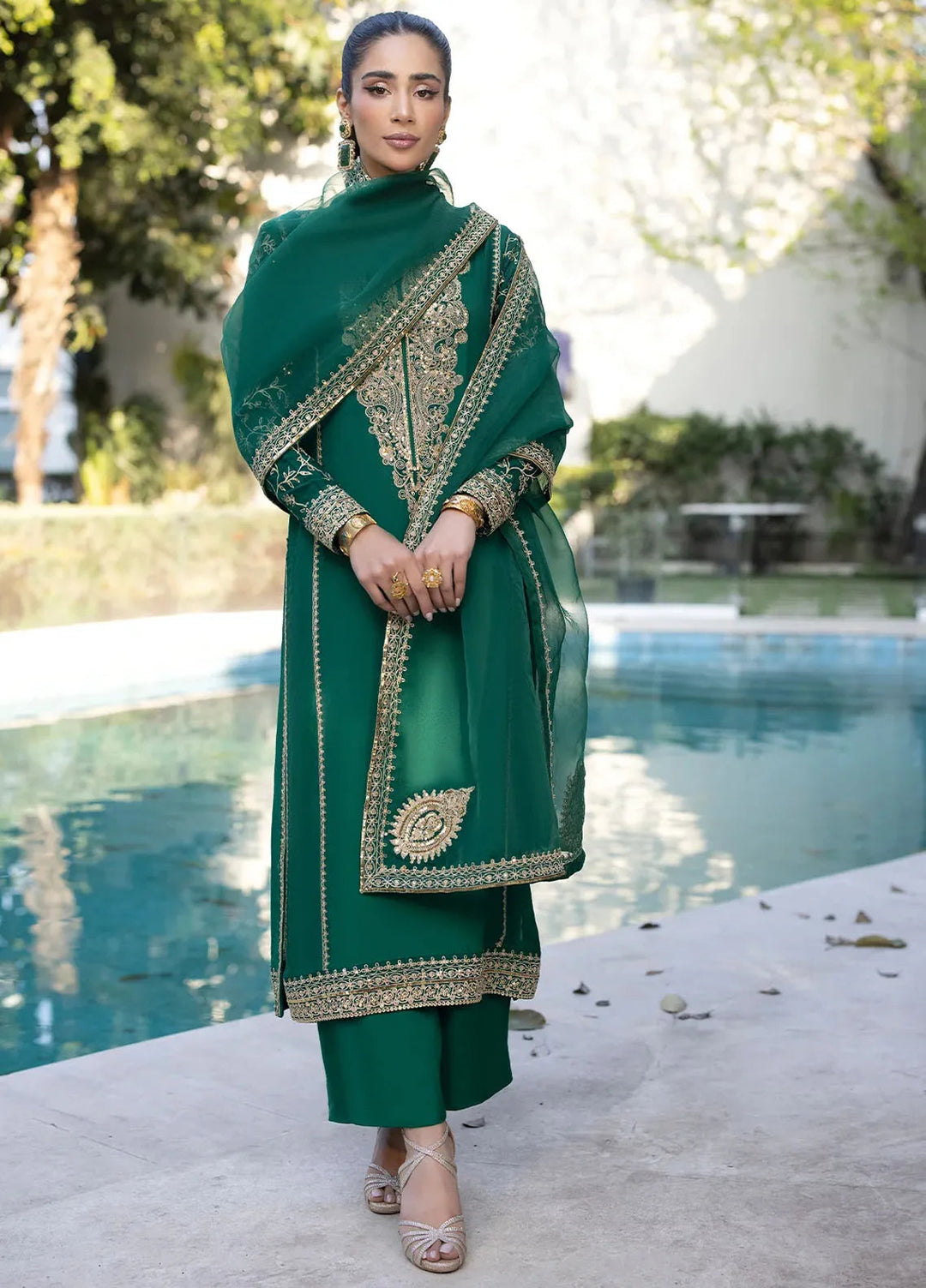 Erum Khan Pret Embroidered Raw Silk 3 Piece Suit Peacock