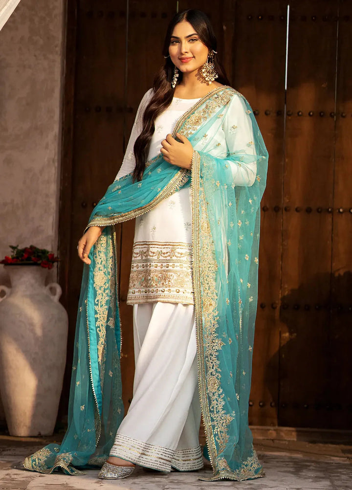 Erum Khan Pret Embroidered Raw Silk 3 Piece Suit Sufaid Phool