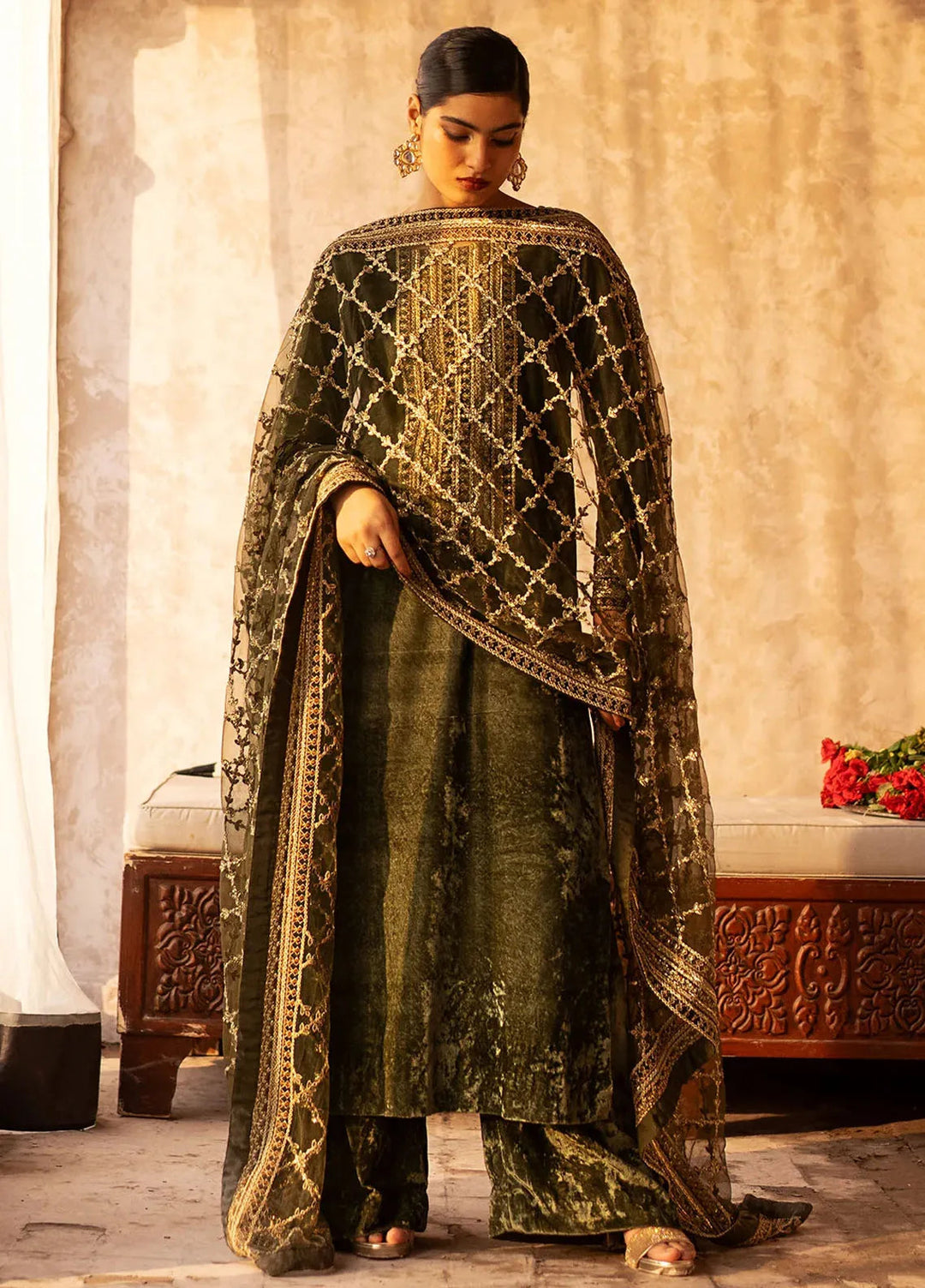 Erum Khan Pret Embroidered Velvet 3 Piece Suit Hena