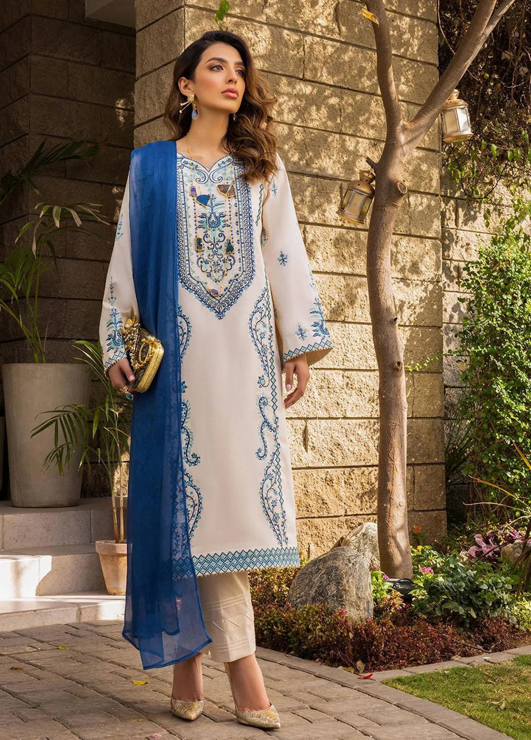 Essential By Asim Jofa Embroidered Cambric Unstitched Suit 3 Piece AJ23EE AJPE-09 - Eid Collection