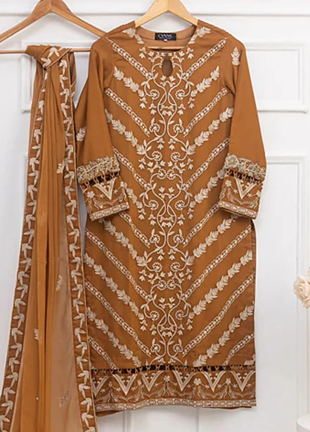 Ethereal Embellished By Cyanic Luxury Pret Embroidered Chiffon 2 Piece Suit Caramel