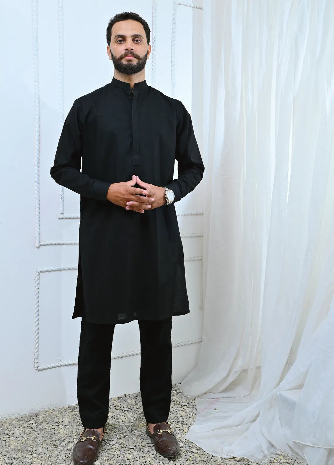 Ethnic Wear by Alif Yay Plain Cotton Suit 2 Piece Black Kurta Pajama - Mens Collection