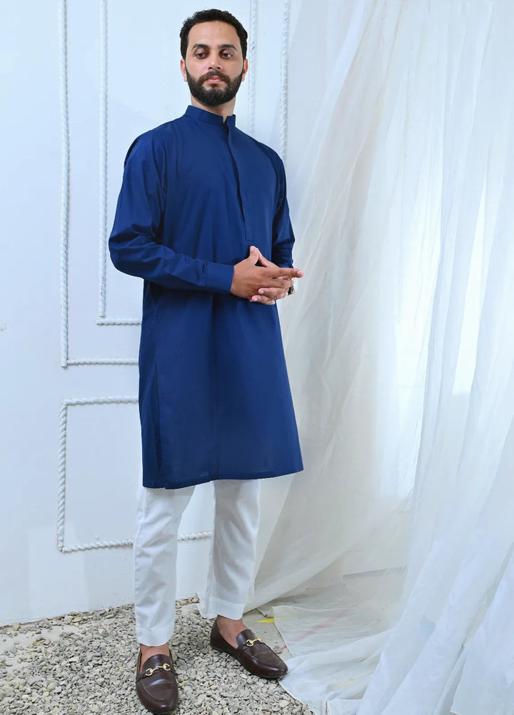 Ethnic Wear by Alif Yay Plain Cotton Suit 2 Piece Blue Kurta and white Pajama - Mens Collection