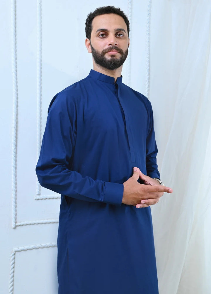 Ethnic Wear by Alif Yay Plain Cotton Suit 2 Piece Blue Kurta and white Pajama - Mens Collection