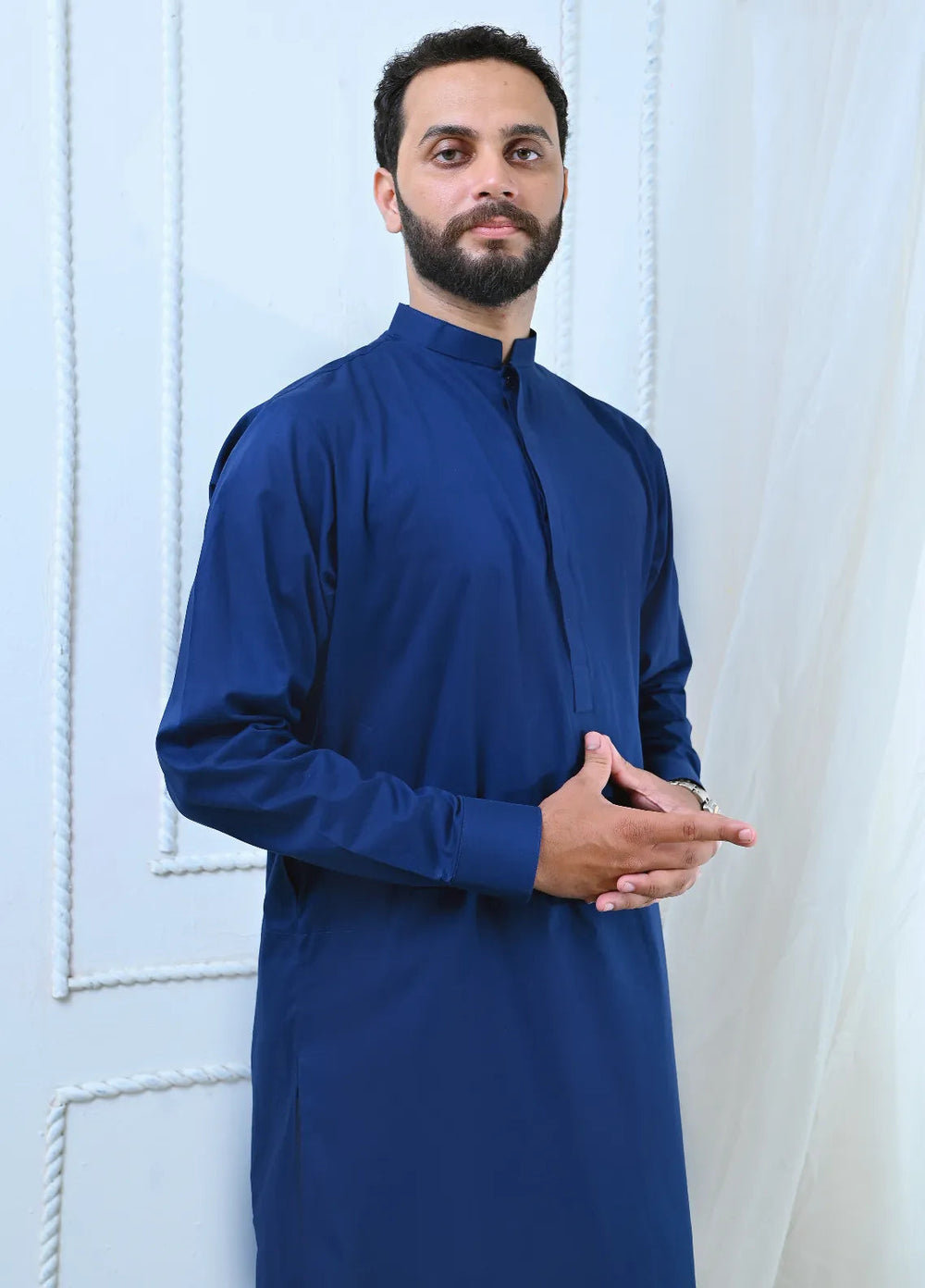 Ethnic Wear by Alif Yay Plain Cotton Suit 2 Piece Blue Kurta and white Pajama - Mens Collection