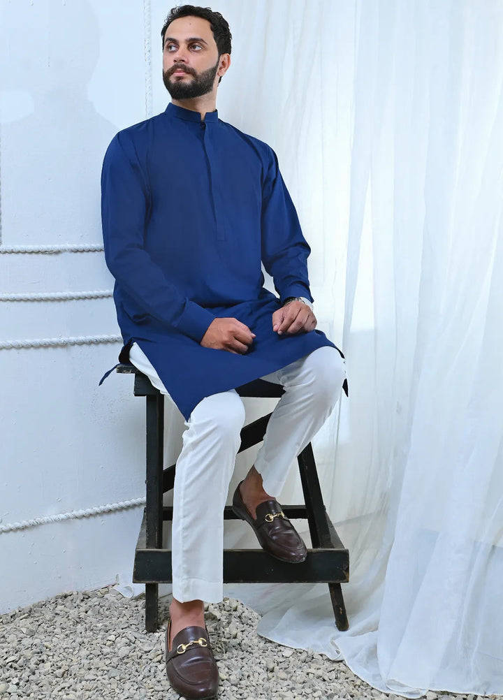 Ethnic Wear by Alif Yay Plain Cotton Suit 2 Piece Blue Kurta and white Pajama - Mens Collection