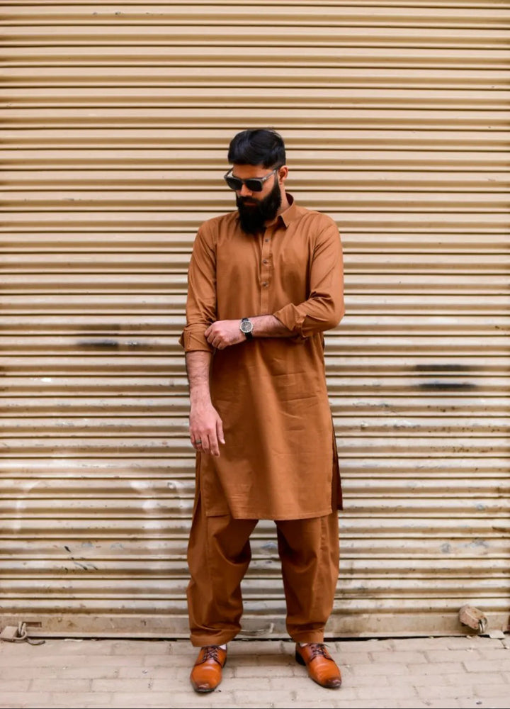 Ethnic Wear by Alif Yay Plain Cotton Suit 2 Piece Brown Kameez Shalwar - Mens Collection