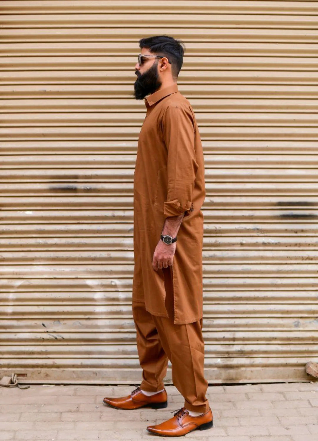 Ethnic Wear by Alif Yay Plain Cotton Suit 2 Piece Brown Kameez Shalwar - Mens Collection