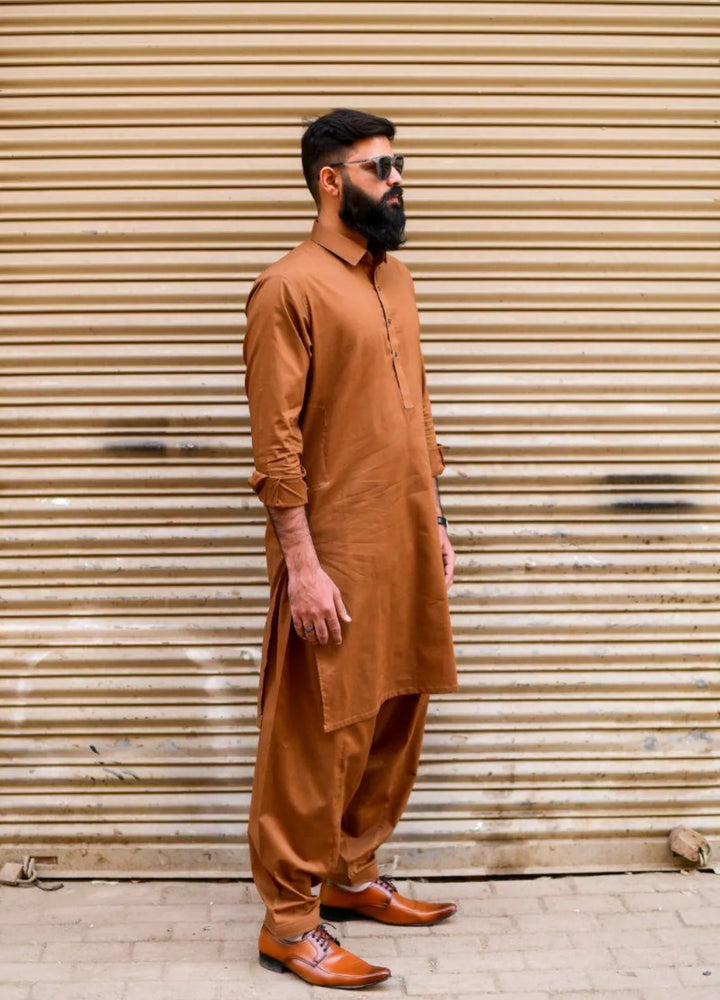 Ethnic Wear by Alif Yay Plain Cotton Suit 2 Piece Brown Kameez Shalwar - Mens Collection
