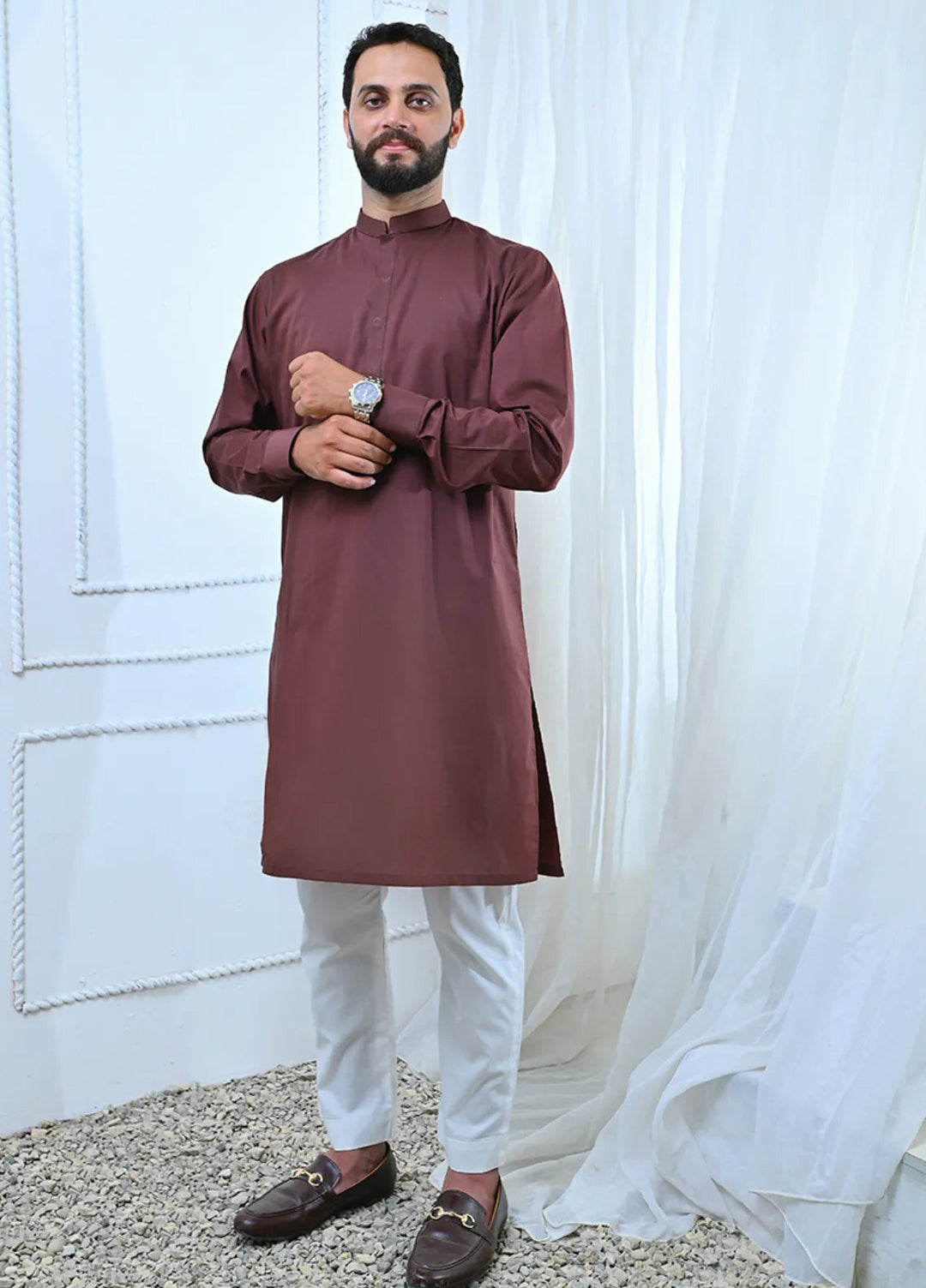 Ethnic Wear by Alif Yay Plain Cotton Suit 2 Piece Brown Kurta and White Pajama - Mens Collection