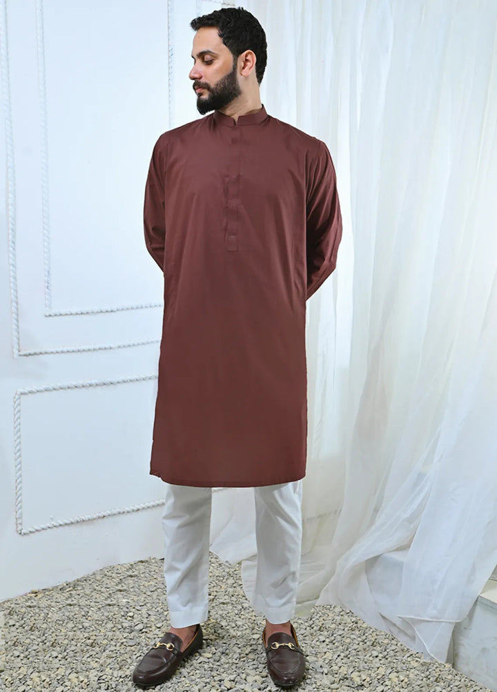 Ethnic Wear by Alif Yay Plain Cotton Suit 2 Piece Brown Kurta and White Pajama - Mens Collection