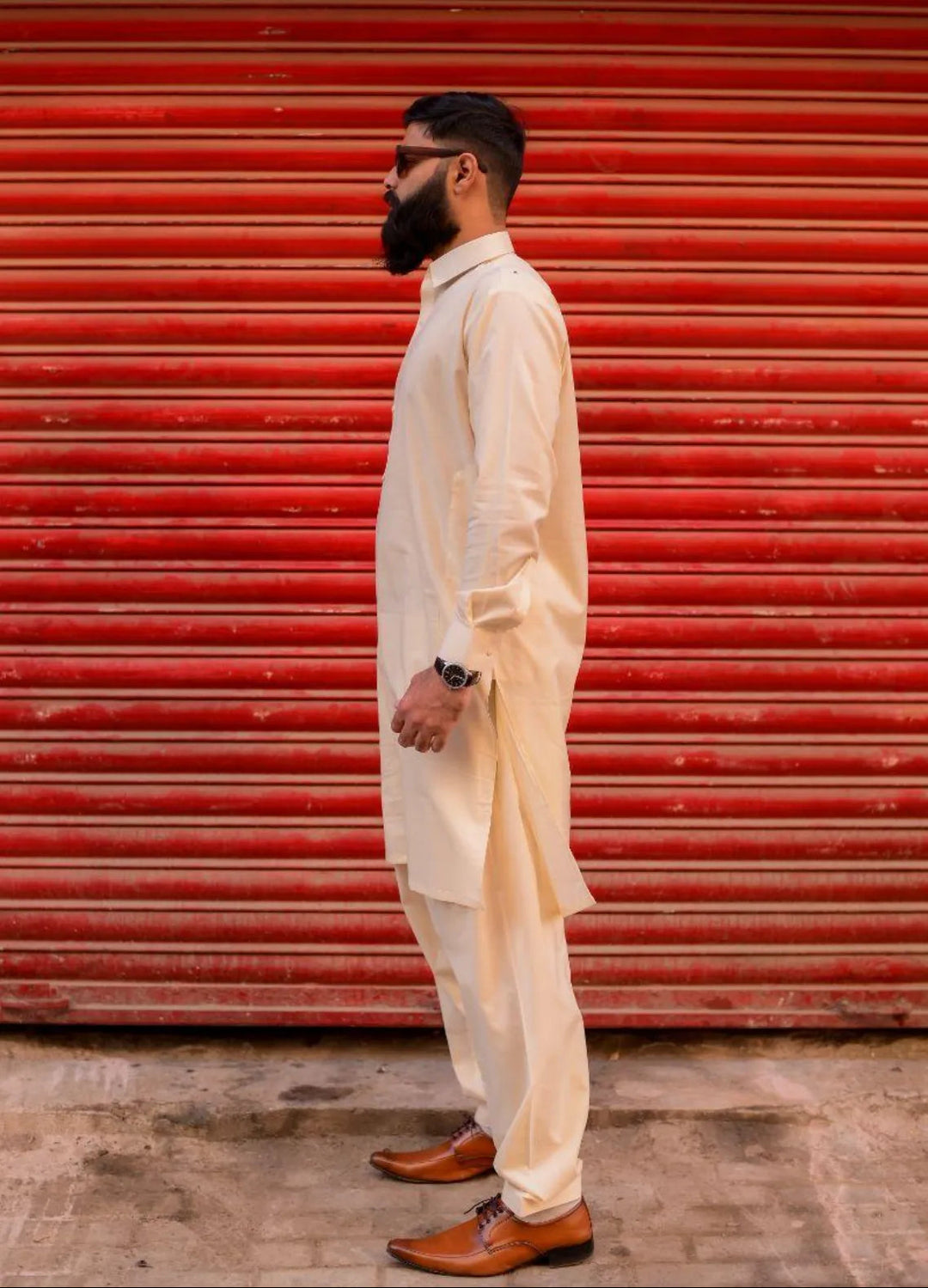 Ethnic Wear by Alif Yay Plain Cotton Suit 2 Piece Cream Kameez Shalwar - Mens Collection