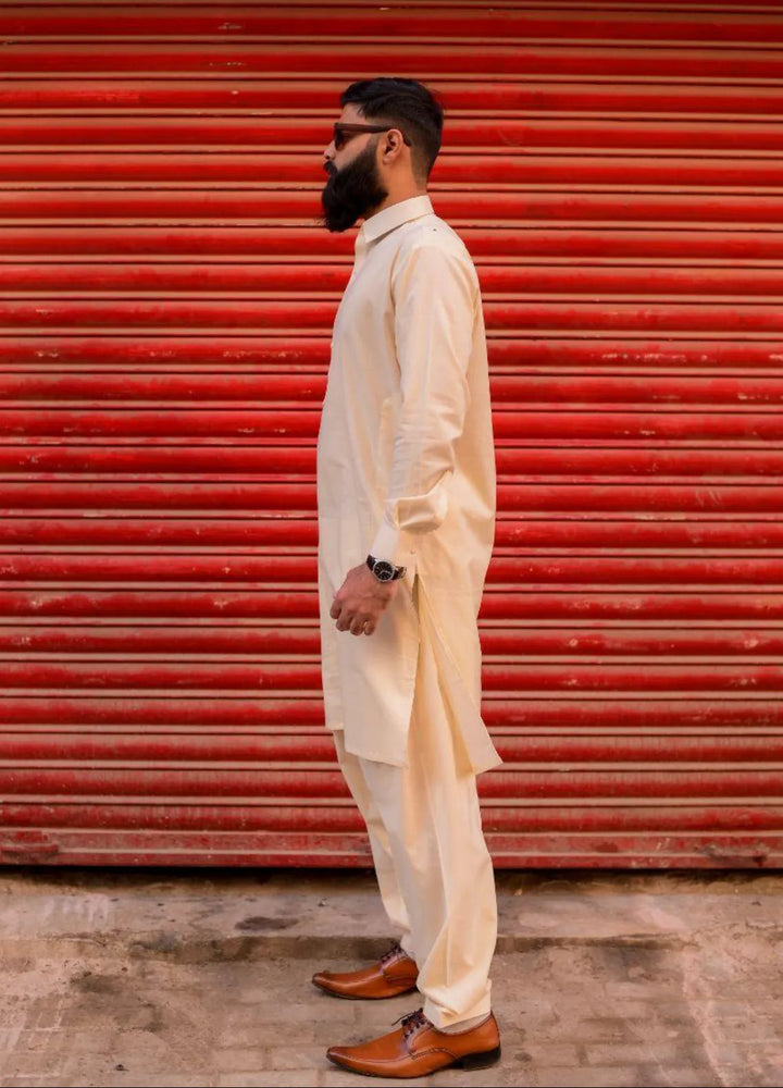 Ethnic Wear by Alif Yay Plain Cotton Suit 2 Piece Cream Kameez Shalwar - Mens Collection