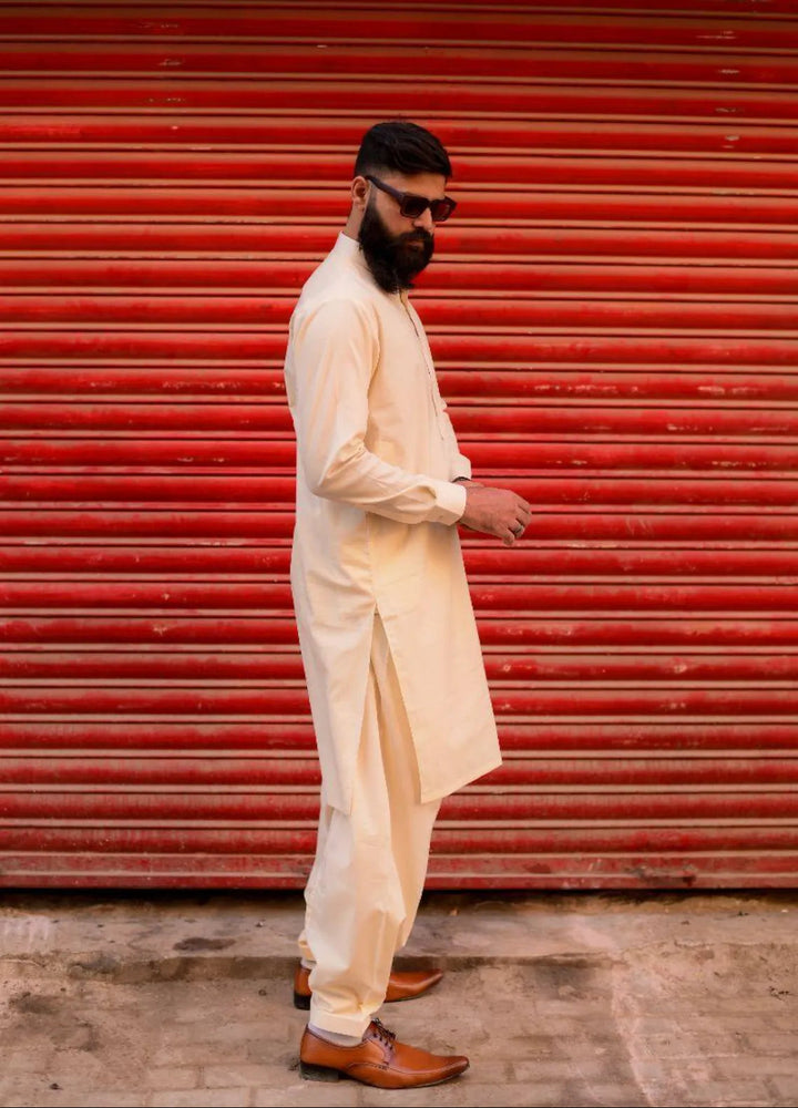 Ethnic Wear by Alif Yay Plain Cotton Suit 2 Piece Cream Kameez Shalwar - Mens Collection