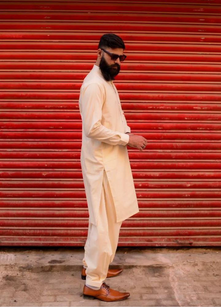 Ethnic Wear by Alif Yay Plain Cotton Suit 2 Piece Cream Kameez Shalwar - Mens Collection