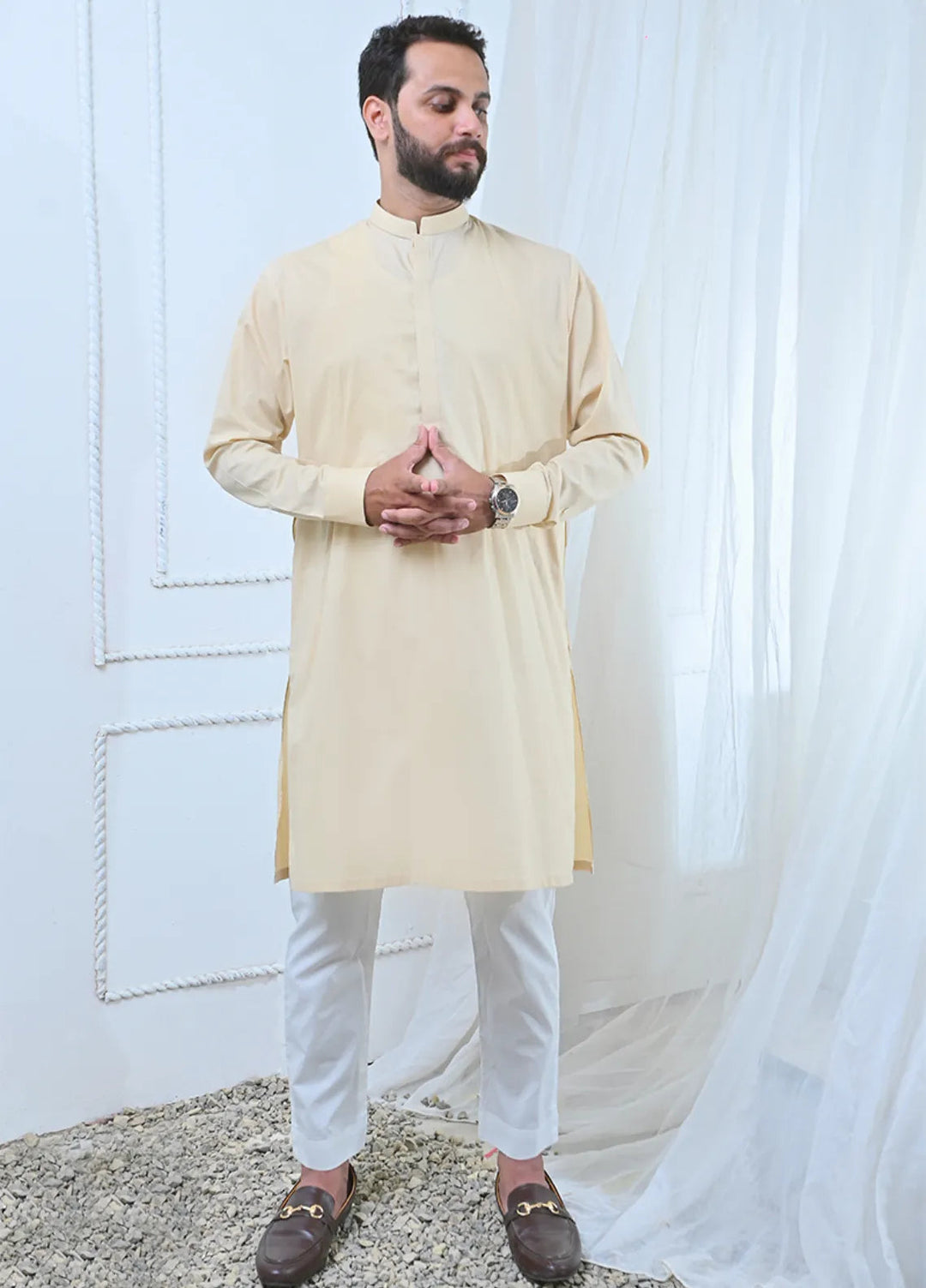 Ethnic Wear by Alif Yay Plain Cotton Suit 2 Piece Cream Kurta and White Pajama - Mens Collection