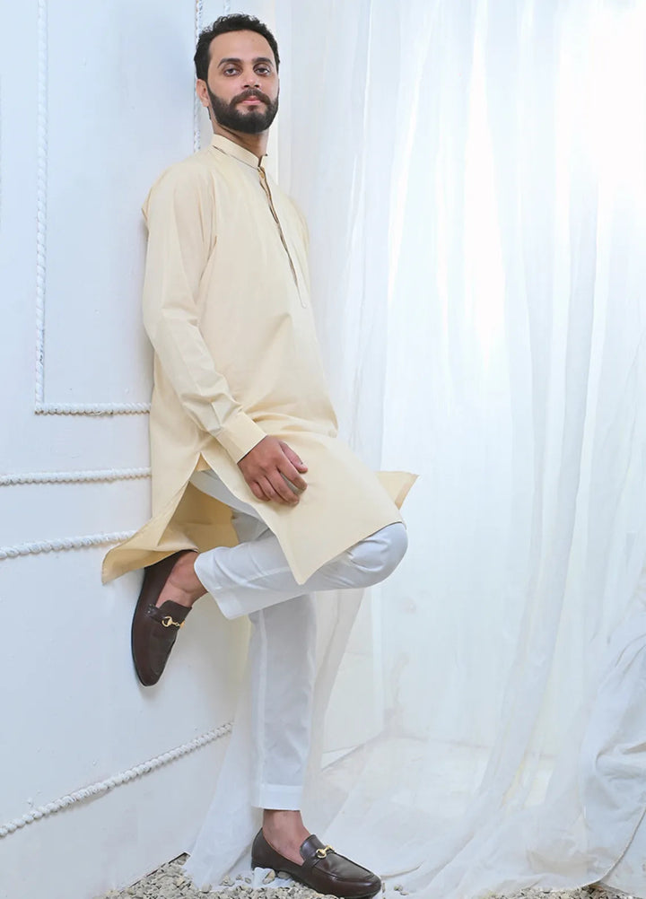 Ethnic Wear by Alif Yay Plain Cotton Suit 2 Piece Cream Kurta and White Pajama - Mens Collection