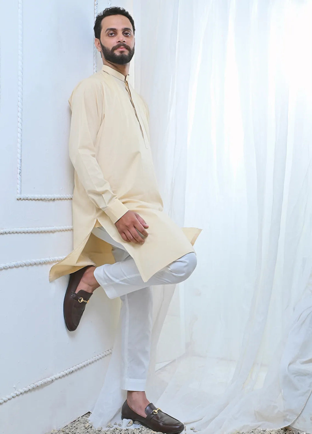 Ethnic Wear by Alif Yay Plain Cotton Suit 2 Piece Cream Kurta and White Pajama - Mens Collection